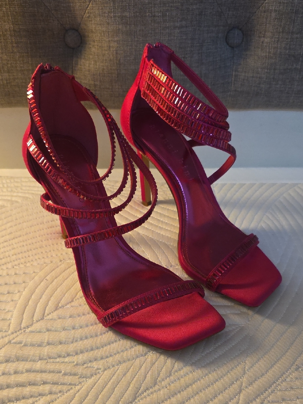 Gianni Bini Red Multi-Strap Beaded Stiletto Sandals